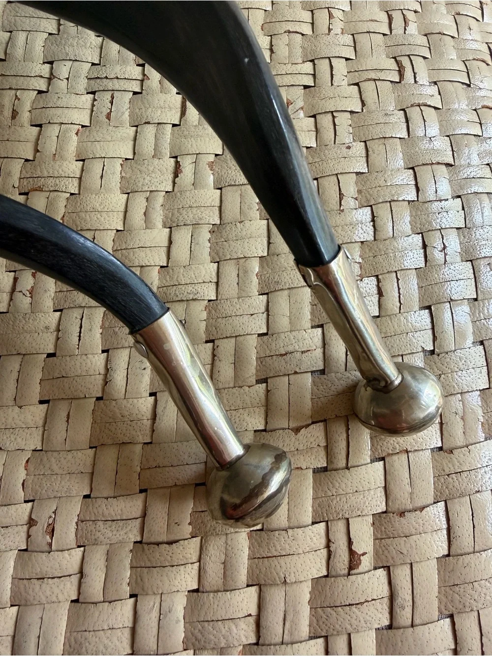 Unique Horn Handle Salad Serving Set - Black & Silver VTG